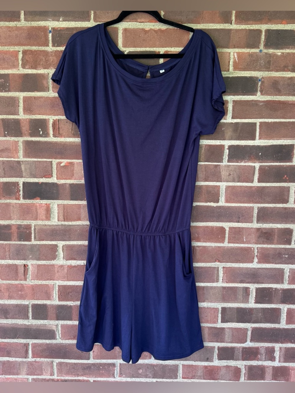 Women’s Navy Romper Medium Regular Short Sleeve Elastic Waist Pockets Casual
